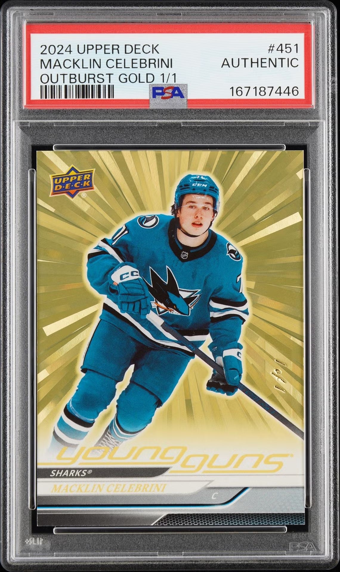 Carte Young Guns Outburst Gold #451 de Macklin Celebrini, Upper Deck 2024-25